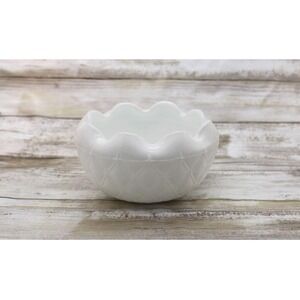 Vintage White Milk‎ Glass Bowl, Quilted Diamond Pattern With Ruffled Rim